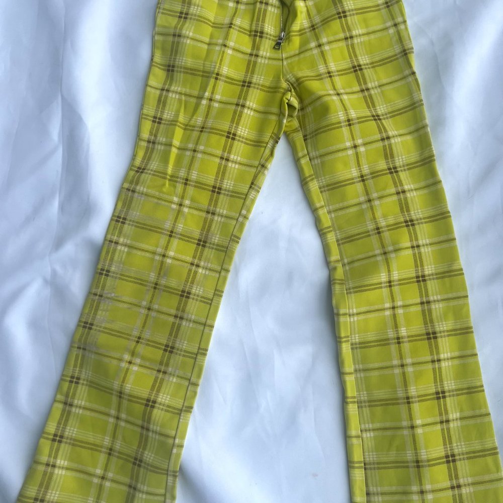 I.AM.GIA Polaris Green Plaid High Rise Zip Front Flared Ponte Knit Pants Size M